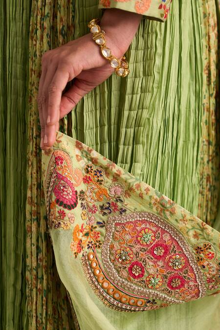 Petticoat Lane By Divya_Green Organza, Chanderi Embroidery, Beads V-neck Paisley Anarkali With Dupatta _at_Aza_Fashions