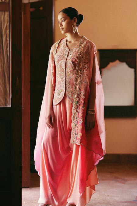 Petticoat Lane by Divya Pink Chanderi Embroidered Thread V-neck Paisley Cape With Jacket Set 