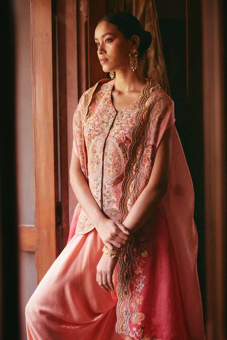 Petticoat Lane By Divya_Pink Organza, Chanderi Beads, Embroidery Round Neck Cape And Jacket Dhoti Set _Online_at_Aza_Fashions