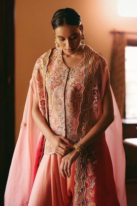 Buy_Petticoat Lane By Divya_Pink Organza, Chanderi Beads, Embroidery Round Neck Cape And Jacket Dhoti Set _Online_at_Aza_Fashions