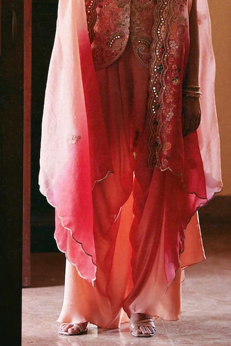 Shop_Petticoat Lane By Divya_Pink Organza, Chanderi Beads, Embroidery Round Neck Cape And Jacket Dhoti Set _Online_at_Aza_Fashions