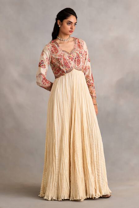 Petticoat Lane By Divya_Ivory Organza, Chanderi Beads, Embroidery V-neck Anarkali Set With Dupatta _Online_at_Aza_Fashions