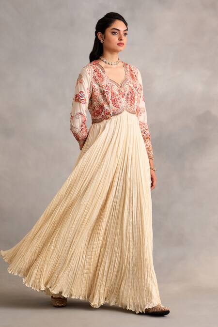 Buy_Petticoat Lane By Divya_Ivory Organza, Chanderi Beads, Embroidery V-neck Anarkali Set With Dupatta _Online_at_Aza_Fashions