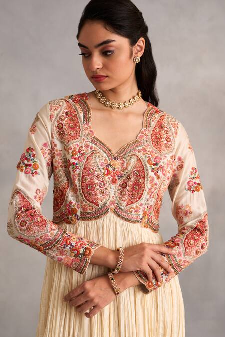 Shop_Petticoat Lane By Divya_Ivory Organza, Chanderi Beads, Embroidery V-neck Anarkali Set With Dupatta _Online_at_Aza_Fashions