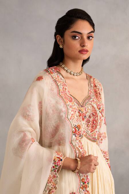 Petticoat Lane By Divya_Ivory Organza, Chanderi Beads, Embroidery V-neck Anarkali Set With Dupatta _at_Aza_Fashions