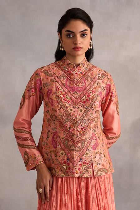 Shop Petticoat Lane By Divya Pink Chanderi Embroidered Thread Mandarin Paisley Jacket And Crushed Skirt Set Online at Aza Fashions Shop_Petticoat Lane By Divya_Pink Chanderi Embroidered Thread Mandarin Paisley Jacket And Crushed Skirt Set _Online_at_Aza_Fashions