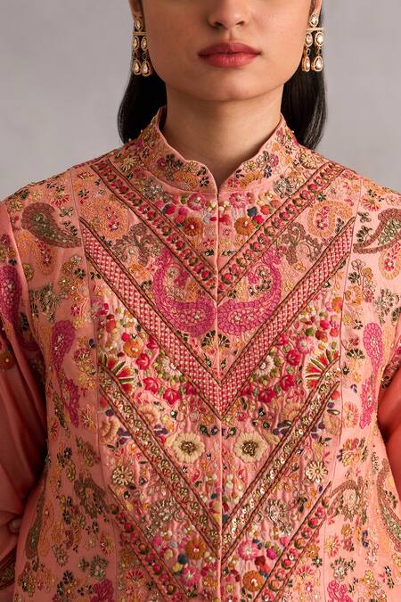 Petticoat Lane By Divya Pink Chanderi Embroidered Thread Mandarin Paisley Jacket And Crushed Skirt Set at Aza Fashions Petticoat Lane By Divya_Pink Chanderi Embroidered Thread Mandarin Paisley Jacket And Crushed Skirt Set _at_Aza_Fashions