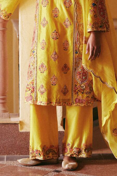 Petticoat Lane By Divya_Yellow Organza, Chanderi Beads, Embroidery Round Neck Paisley Kurta Pant Set _Online_at_Aza_Fashions