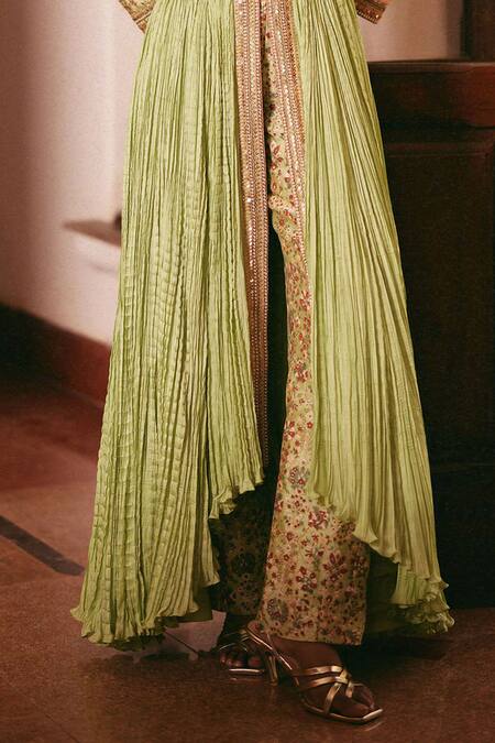 Petticoat Lane By Divya_Green Chanderi Beads, Embroidery Round Neck Paisley Anarakali With Pant _Online_at_Aza_Fashions