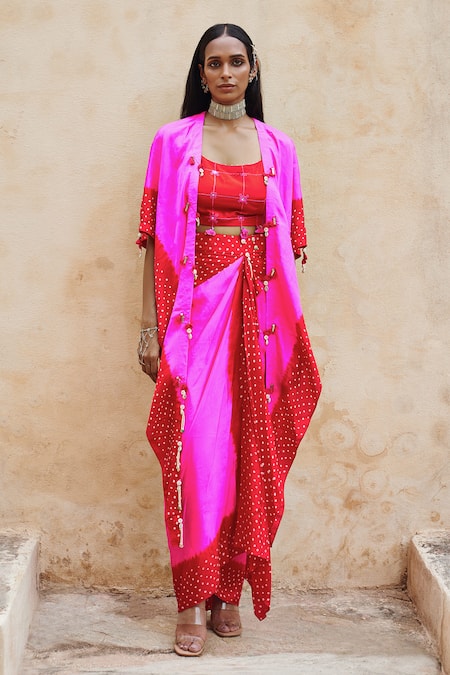 Shop_Pink City By Sarika_Pink Silk Tassels Open Neck Embellished Ombre Bandhani Cape And Draped Skirt Set _Online_at_Aza_Fashions