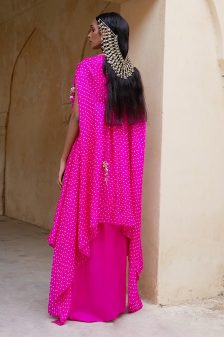 Pink City By Sarika Bandhani Pattern Embellished Cape & Draped Skirt Set 