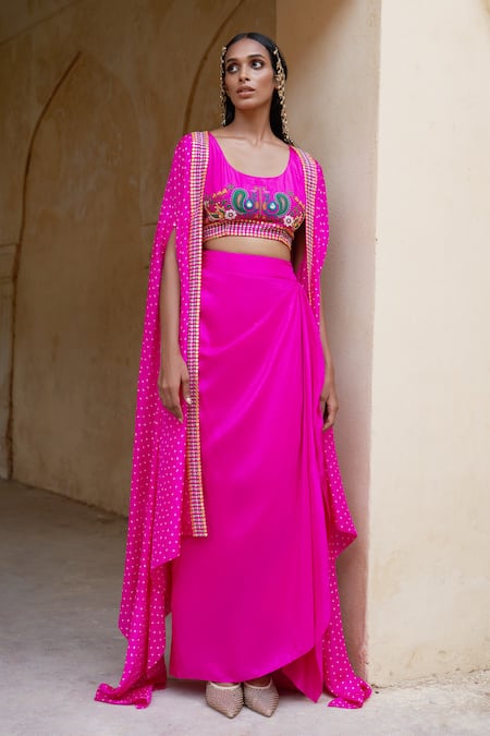 Buy_Pink City By Sarika_Pink Silk Mirrors, Bandhani Pattern Embellished Cape And Draped Skirt Set _Online_at_Aza_Fashions