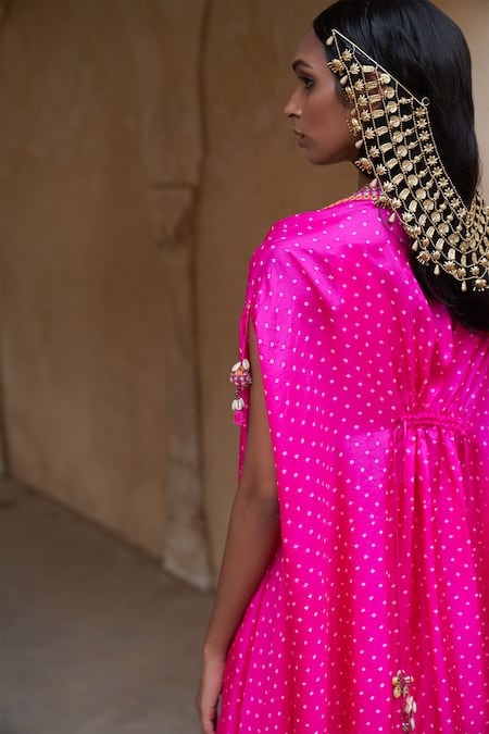 Shop_Pink City By Sarika_Pink Silk Mirrors, Bandhani Pattern Embellished Cape And Draped Skirt Set _Online_at_Aza_Fashions