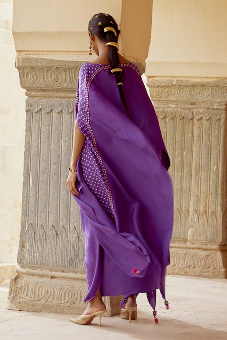 Pink City By Sarika Purple Silk Bandhani Panel Embellished Asymmetric Cape With Draped Skirt Online at Aza Fashions Pink City By Sarika_Purple Silk Bandhani Panel Embellished Asymmetric Cape With Draped Skirt _Online_at_Aza_Fashions