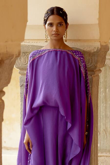Buy Pink City By Sarika Purple Silk Bandhani Panel Embellished Asymmetric Cape With Draped Skirt Online at Aza Fashions Buy_Pink City By Sarika_Purple Silk Bandhani Panel Embellished Asymmetric Cape With Draped Skirt _Online_at_Aza_Fashions
