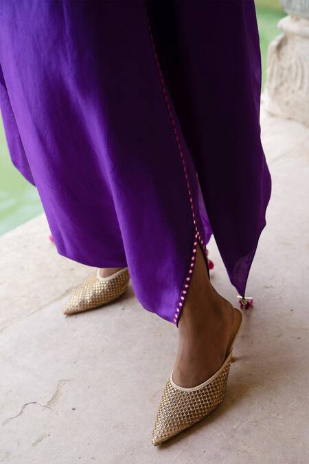 Shop_Pink City By Sarika_Purple Silk Bandhani Panel Embellished Asymmetric Cape With Draped Skirt _Online_at_Aza_Fashions