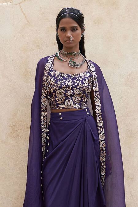 Pink City By Sarika_Purple Silk Embroidery Round Neck Blossom Cape And Draped Pick Up Skirt Set _Online_at_Aza_Fashions