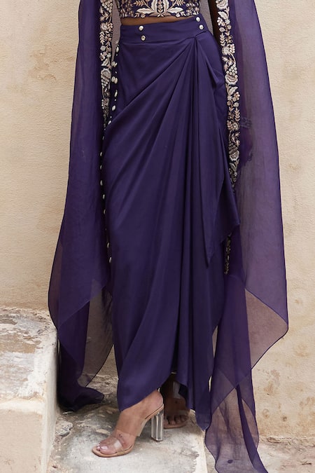 Buy_Pink City By Sarika_Purple Silk Embroidery Round Neck Blossom Cape And Draped Pick Up Skirt Set _Online_at_Aza_Fashions