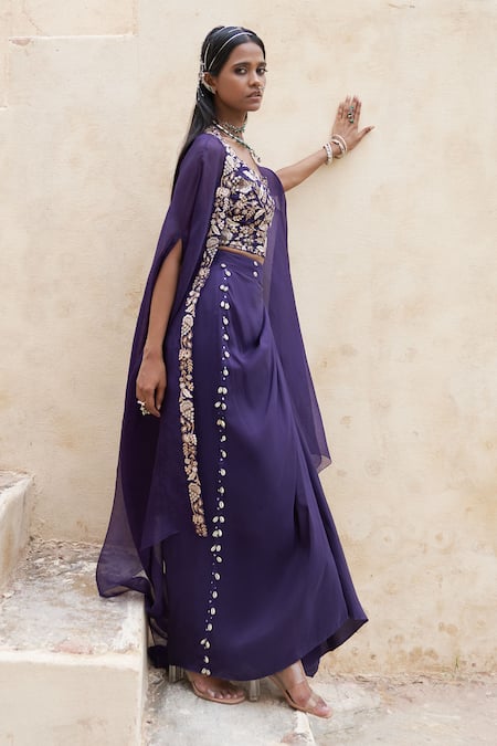Shop_Pink City By Sarika_Purple Silk Embroidery Round Neck Blossom Cape And Draped Pick Up Skirt Set _Online_at_Aza_Fashions