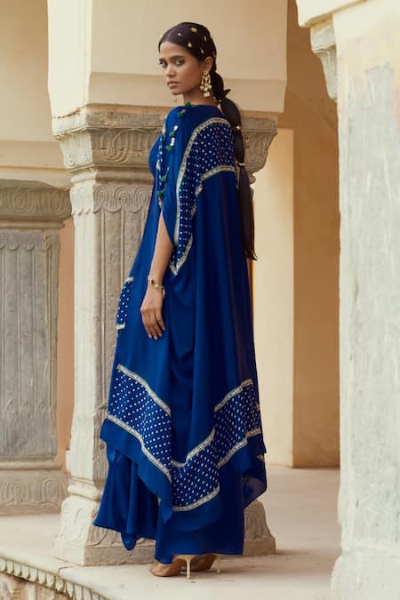 Pink City By Sarika_Blue Silk Tassels Round Embellished Bandhani Pattern Cape And Draped Skirt Set _Online_at_Aza_Fashions