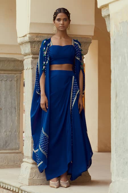 Buy_Pink City By Sarika_Blue Silk Tassels Round Embellished Bandhani Pattern Cape And Draped Skirt Set _Online_at_Aza_Fashions