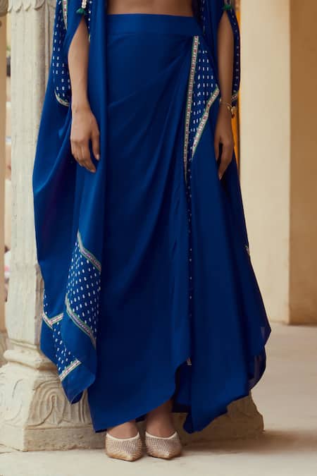 Shop_Pink City By Sarika_Blue Silk Tassels Round Embellished Bandhani Pattern Cape And Draped Skirt Set _Online_at_Aza_Fashions