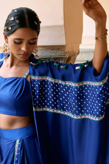 Pink City By Sarika_Blue Silk Tassels Round Embellished Bandhani Pattern Cape And Draped Skirt Set _at_Aza_Fashions