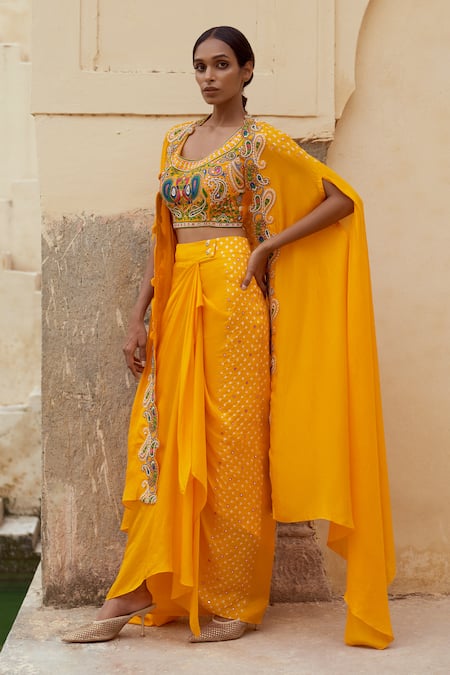 Pink City By Sarika Paisley Applique Embroidered Bandhani Cape & Draped Skirt Set 