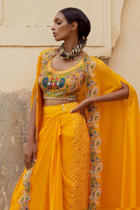 Pink City By Sarika_Yellow Silk Embroidery, Paisley Applique Bandhani Cape And Draped Skirt Set _Online_at_Aza_Fashions