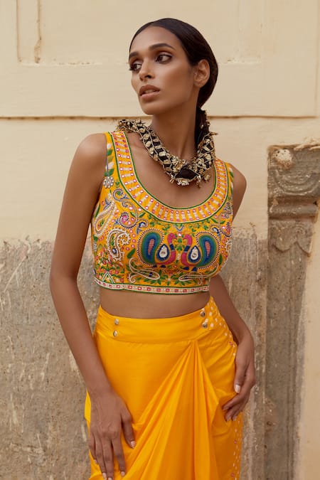 Buy_Pink City By Sarika_Yellow Silk Embroidery, Paisley Applique Bandhani Cape And Draped Skirt Set _Online_at_Aza_Fashions