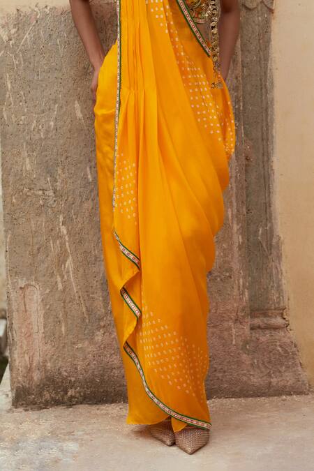 Shop_Pink City By Sarika_Yellow Silk Applique, Embroidery Scoop Neck Paisley Blouse And Pick Up Skirt Set _Online_at_Aza_Fashions