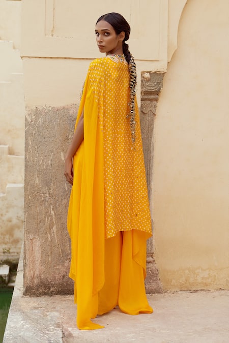 Pink City By Sarika Yellow Silk Embroidery, Beads Paisley Bloom Applique Cape And Pick Up Skirt Set Online at Aza Fashions Pink City By Sarika_Yellow Silk Embroidery, Beads Paisley Bloom Applique Cape And Pick Up Skirt Set _Online_at_Aza_Fashions