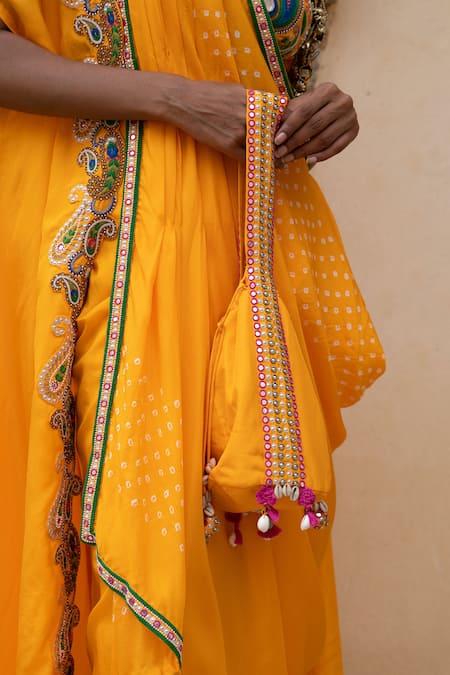 Buy_Pink City By Sarika_Yellow Silk Embroidery, Beads Paisley Bloom Applique Cape And Pick Up Skirt Set 