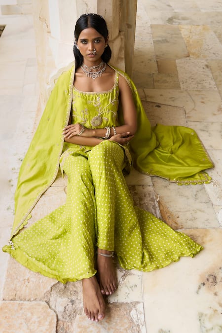 Buy_Pink City By Sarika_Green , Satin Embroidery, Metallic Thread Strappy Sunflower Sharara Set _Online_at_Aza_Fashions