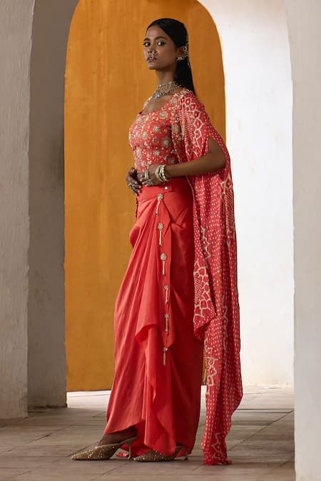 Pink City By Sarika Peach Silk Gota Patti, Metallic Thread, Surajmukhi Draped Skirt Set With Cape Online at Aza Fashions Pink City By Sarika_Peach Silk Gota Patti, Metallic Thread, Surajmukhi Draped Skirt Set With Cape _Online_at_Aza_Fashions