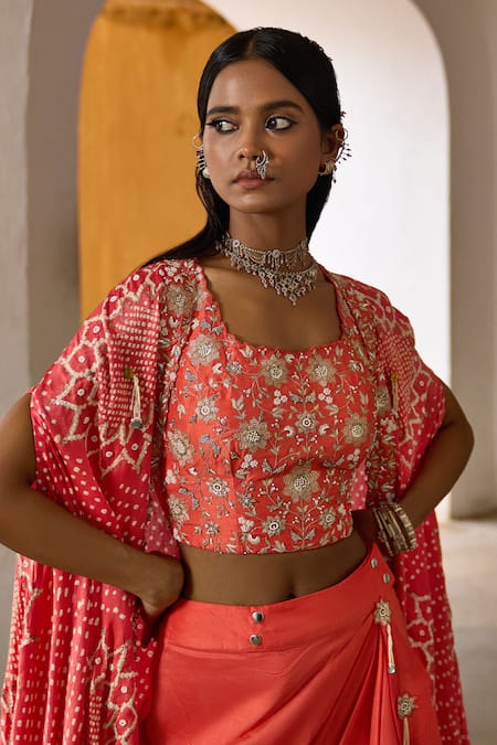 Buy Pink City By Sarika Peach Silk Gota Patti, Metallic Thread, Surajmukhi Draped Skirt Set With Cape Online at Aza Fashions Buy_Pink City By Sarika_Peach Silk Gota Patti, Metallic Thread, Surajmukhi Draped Skirt Set With Cape _Online_at_Aza_Fashions