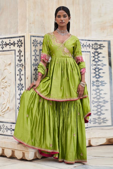 Pink City by Sarika Green Silk Chanderi Embroidered Zardozi V Neck Surajmukhi Angrakha Sharara Set 