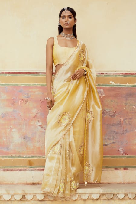 Pink City by Sarika Yellow Silk Tissue Surajmukji Scallop Hem Saree With Unstitched Blouse Piece 