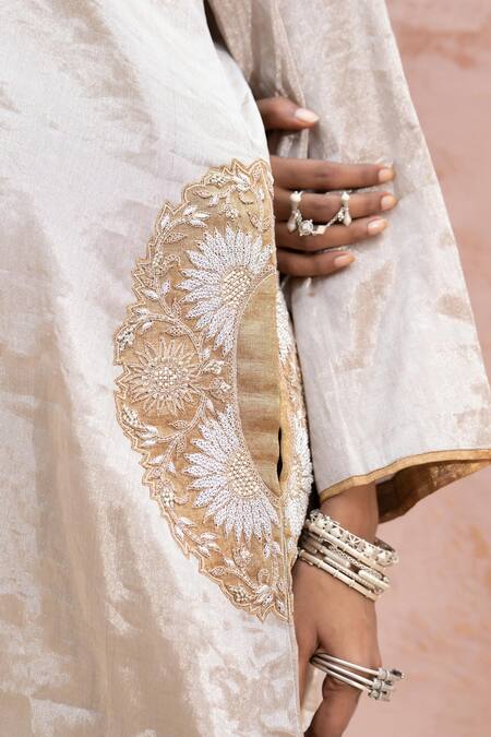 Pink City By Sarika_Silver Tissue Zari, Embroidery Round Sona Chandi Surajamukhi Kurta With Pant _at_Aza_Fashions