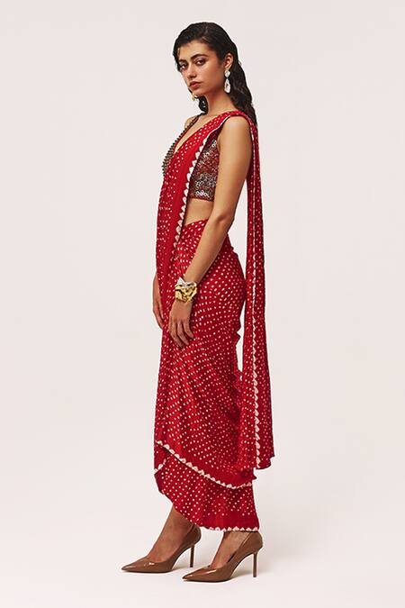 Tisha Saksena_Red Silk, Cotton Beads, Farid Bandhini Pattern Pre-draped Saree With Blouse _Online_at_Aza_Fashions