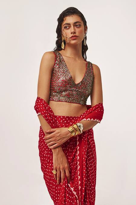 Buy_Tisha Saksena_Red Silk, Cotton Beads, Farid Bandhini Pattern Pre-draped Saree With Blouse _Online_at_Aza_Fashions