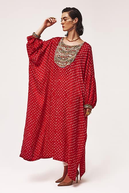 Tisha Saksena Red Kaftan Handloom Mashru Silk Rekhtan Pattern With Cigarette Pant 