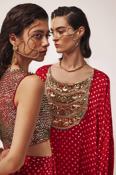 Tisha Saksena_Red Handloom Rekhtan Bandhini Pattern Embellished Kaftan With Cigarette Pant _Online_at_Aza_Fashions