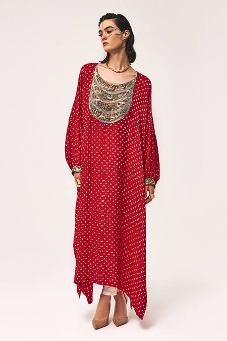 Buy_Tisha Saksena_Red Handloom Rekhtan Bandhini Pattern Embellished Kaftan With Cigarette Pant _Online_at_Aza_Fashions