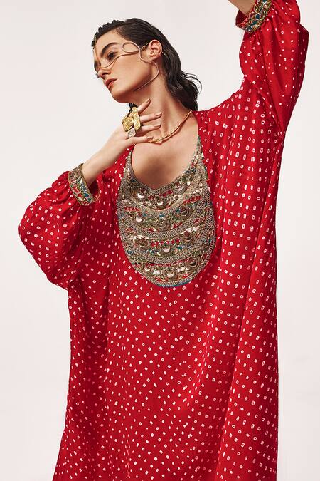 Tisha Saksena_Red Handloom Rekhtan Bandhini Pattern Embellished Kaftan With Cigarette Pant _at_Aza_Fashions