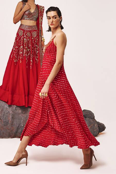 Tisha Saksena_Red Handloom Cotton, Silk Sequins, Beads Brahmi Bandhini Pattern Strappy Dress _Online_at_Aza_Fashions