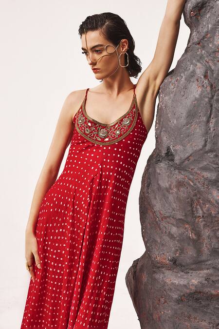 Buy_Tisha Saksena_Red Handloom Cotton, Silk Sequins, Beads Brahmi Bandhini Pattern Strappy Dress _Online_at_Aza_Fashions