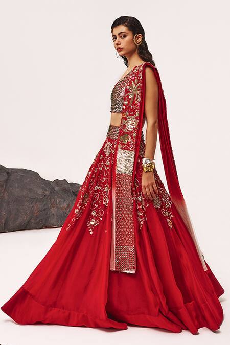 Tisha Saksena_Red Satin, Organza, , Ghalib Zardozi Rosette Embroidered Lehenga Set _Online_at_Aza_Fashions
