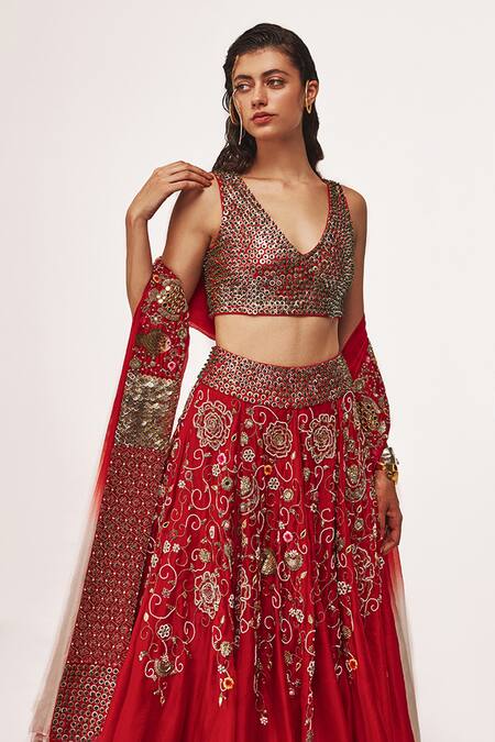 Buy_Tisha Saksena_Red Satin, Organza, , Ghalib Zardozi Rosette Embroidered Lehenga Set _Online_at_Aza_Fashions