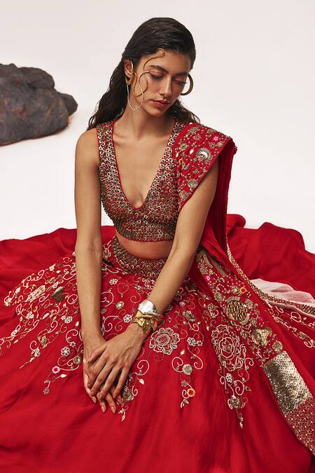 Shop_Tisha Saksena_Red Satin, Organza, , Ghalib Zardozi Rosette Embroidered Lehenga Set _Online_at_Aza_Fashions